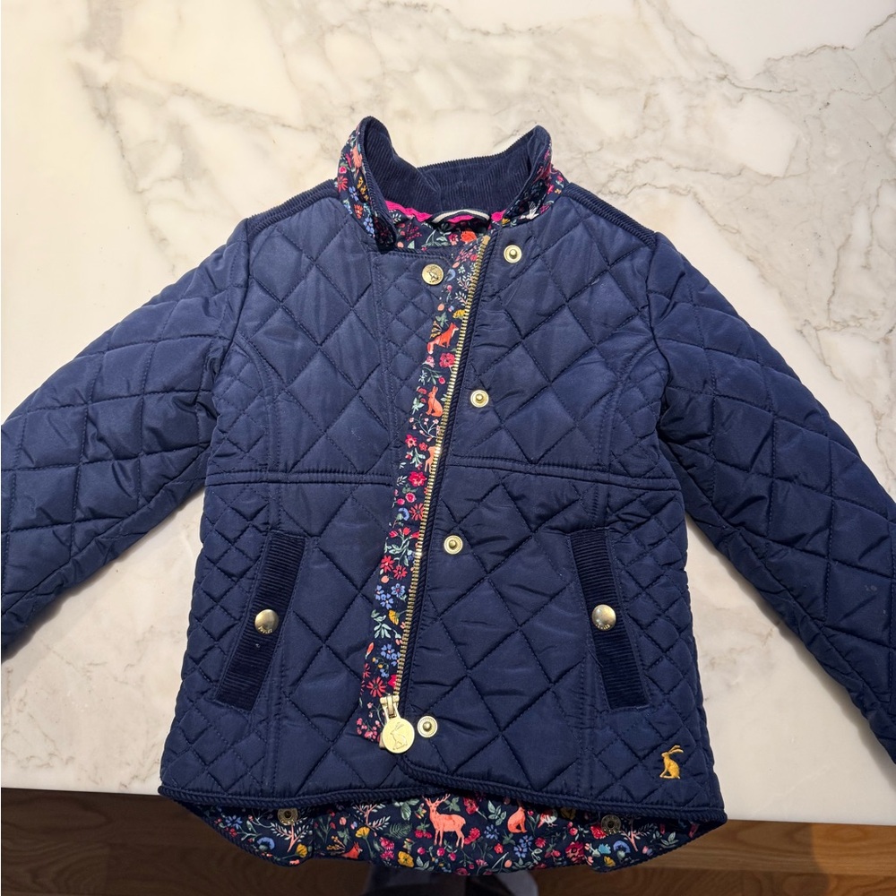 Joules Navy Quilted Kids Puffer Jacket with Floral Lining